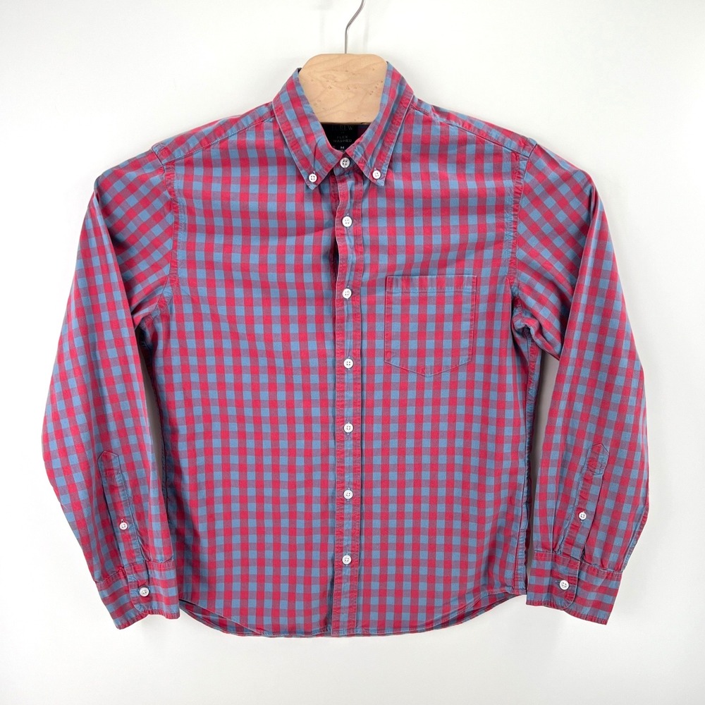 J.Crew Flex Washed Gingham Shirt Size M Cotton Stretch Red Blue Plaid Preppy New
